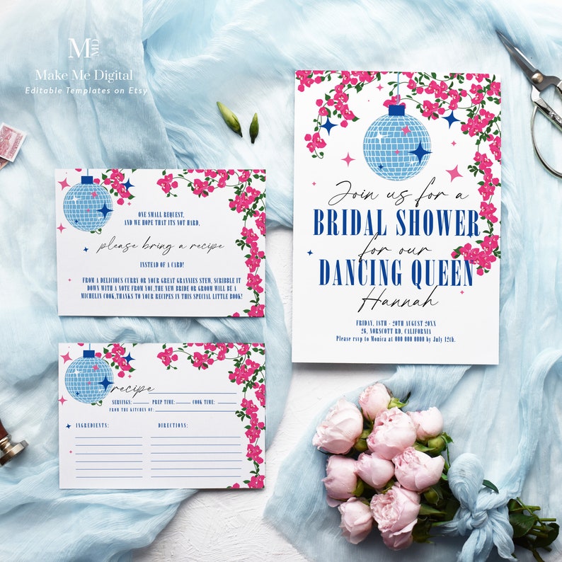 Dancing Queen Bridal Shower Invite Bundle, Greek Mamma Mia hen do set printable, recipe editable theatre movie bridal invitation suite image 1