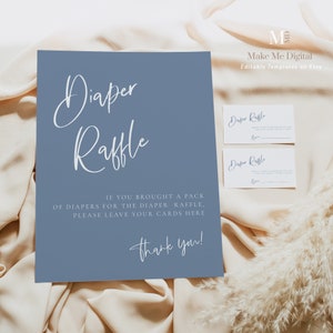 Faded Denim Windel Raffle Sign & Karten, moderne Blau Baby Shower Raffle Zeichen printable Boho Baby shower Editable Dusty Blue Kalligraphie BL1