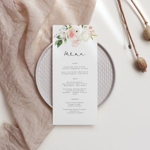 Peony and Rose Wedding Menu blush wedding menu card, floral rose dinner menu card printable, instant download 129