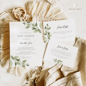 Greenery Baby Shower Invitation Set, Sage green baby invitation Bundle | digital baby shower invite ,printable invitation template 134