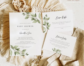 Greenery Baby Shower Invitation Set, Sage green baby invitation Bundle | digital baby shower invite ,printable invitation template 134