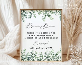 Letrero imprimible de barra libre para boda con eucalipto verde, letrero de menú de cóctel de mesa con vegetación moderna, póster imprimible de bebidas alcohólicas para bodas 127