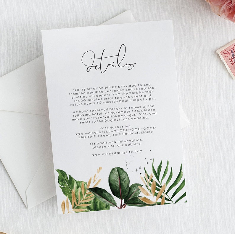 Tropical Wedding details card Template banana leaf Editable palm leaf wedding information monstera wedding Printable Calligraphy Wedding 119 image 2