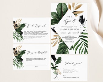 Tropical Baby Shower Invitation set Template banana leaf Editable palm leaf baby shower Invitation Printable Calligraphy shower 119