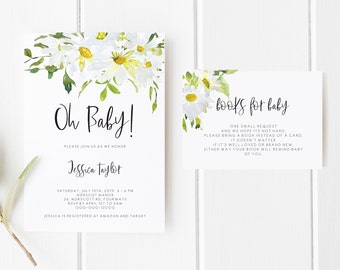 Daisy Baby Shower Invitation Printable white daisy Floral Baby Shower Invite Template, Details Card, Books for Baby, Instant Download 121