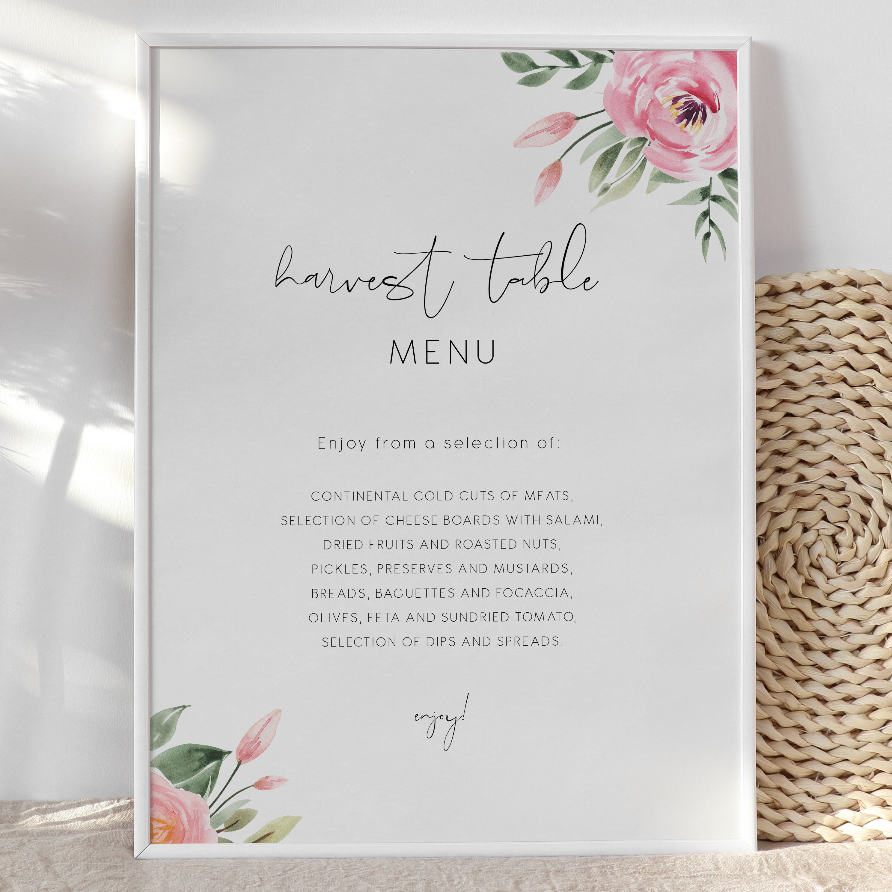 Pink Peony Harvest Table Menu Template Wedding food Menu Etsy