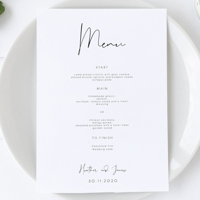 Minimal Wedding Menu Template, Minimalist Wedding Menu, Modern Wedding Menu, Let's Eat Menu, Templett Wedding Menu 120 image 2