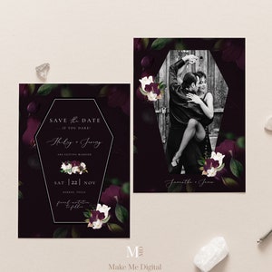 May include: A save the date card with a black and white photo of a couple dancing in front of a wooden door. The card is decorated with dark purple and white flowers. The text on the card reads "Save the Date... If you dare!" "Holly + Juring are getting married" "Sat 22 Nov" "Boerne, Texas" "Formal invitation to follow"