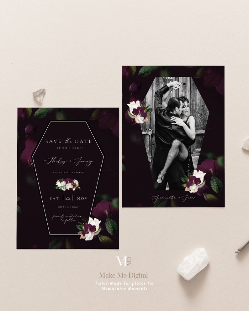 May include: A save the date card with a black and white photo of a couple dancing in front of a wooden door. The card is decorated with dark purple and white flowers. The text on the card reads "Save the Date... If you dare!" "Holly + Juring are getting married" "Sat 22 Nov" "Boerne, Texas" "Formal invitation to follow"