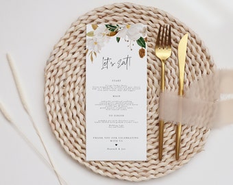 White Magnolia Wedding Engagement Dinner menu, boho floral wedding reception menu, printable magnolia menu, instant download menu, MAGGIE