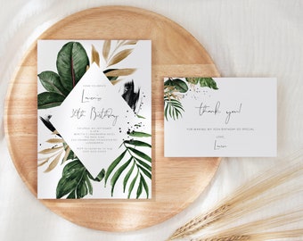 JOJO | Tropical Birthday Invitation Printable | palm leaf Birthday Party Invite | Details Card | adult thank you note, Instant Download 119