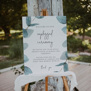 Eucalyptus Unplugged Ceremony Sign, Greenery Wedding Sign, Printable No phones Sign, Instant Download, Eucalyptus No Cameras Editable 113