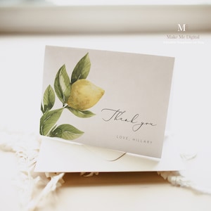 Tarjeta de agradecimiento con limón amarillo, plantilla de agradecimiento para despedida de soltera de verano, elegante regalo de agradecimiento, descarga instantánea posterior a la despedida de soltera, editable 122