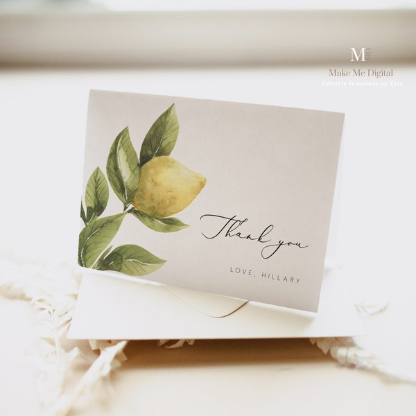Yellow Lemon Thank you card, summer bridal shower thank you template, Elegant gift thanks, post bridal shower Instant Download, Editable 122