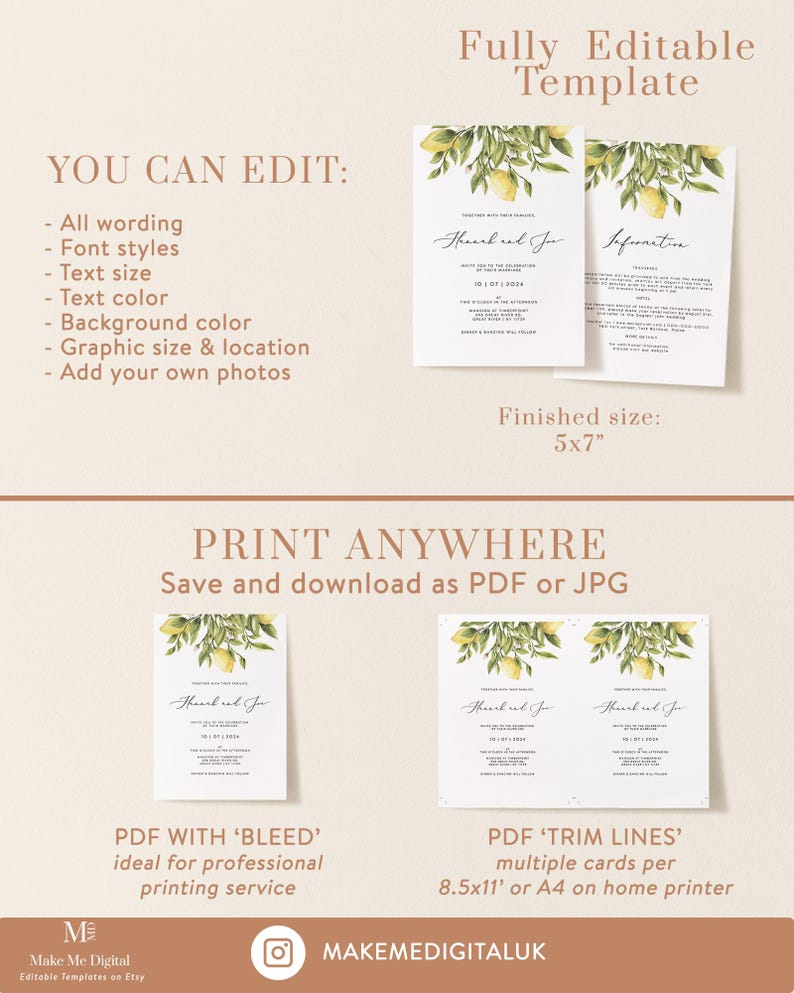 Lemon Wedding Double Sided Invitation citrus Invitation, Yellow lemon Wedding Invite Instant Download Editable yellow citrus information 122 image 4
