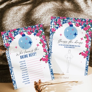 May include: Two printable game cards for a bridal shower. The card on the left is titled "Who Knows the Bride Best?" and has a list of questions about the bride. The card on the right is titled "Guess the Dress" and has a silhouette of a bride with a disco ball in the background.