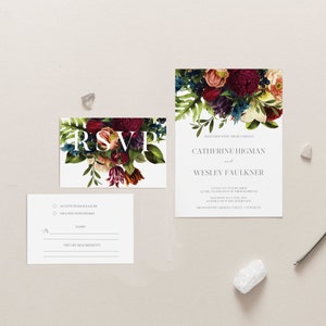 Moody floral wedding invitation suite burgundy floral wedding invite set, dark burgundy wedding response RSVP , instant download, 105