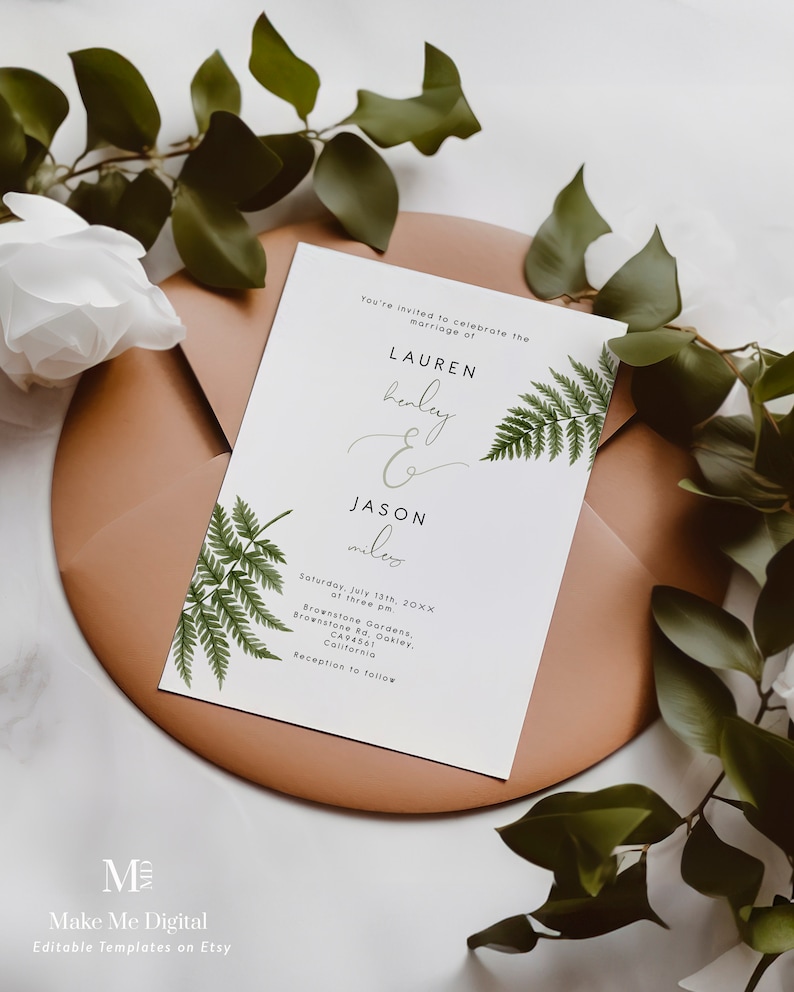 Elegant Fern wedding invite, editable fern wedding invitation, Greenery wedding invite, instant download 112 image 1