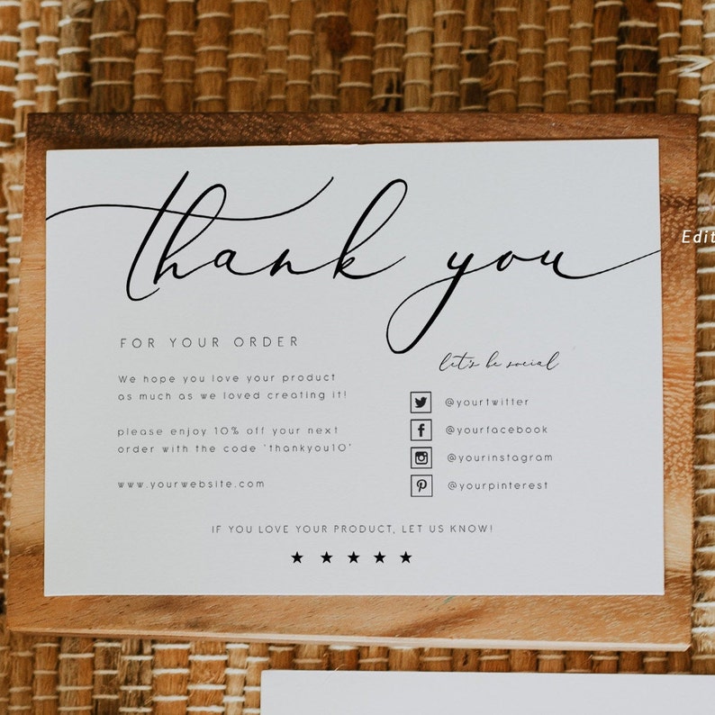 May include: Thank you card with a handwritten thank you message and a message about a 10% discount on the next order with the code 'thankyou10'. The card also includes social media icons and links to the company's website and social media pages.