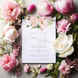 Faire-part de mariage rose de jardin d'hortensias | Faire-part de mariage floral rose modifiable | Carte de mariage imprimable à téléchargement immédiat, thème jardin 116