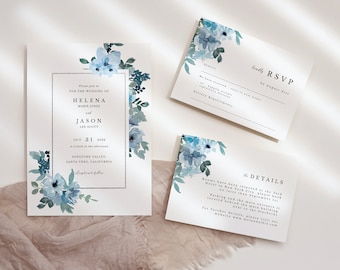 Blue Floral Wedding Invitation set of 3, editable wedding invite, rsvp details template, printable blue wedding invite, instant download 131