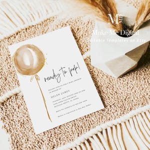 May include: A white baby shower invitation with a gold balloon illustration and the text "ready to pop!"  Please join us for a baby shower in honour of Helen James. Tuesday, 24th August 2022 at 5pm. 3163 John Calvin Drive, Buffalo Grove, IL 60059. RSVP to Jessica at 000-000-0000. Helen is registered at Buy Buy Baby!