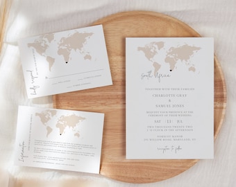 World Map Destination Wedding Invitation, rustic wedding invitation, editable wedding invite ,printable travel wedding invite, world map