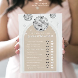 May include: A printable game card with a brown background and a white border. The card features a disco ball graphic and the text "He said, She said, Guess who said it." The card includes a list of statements with check boxes next to each statement.