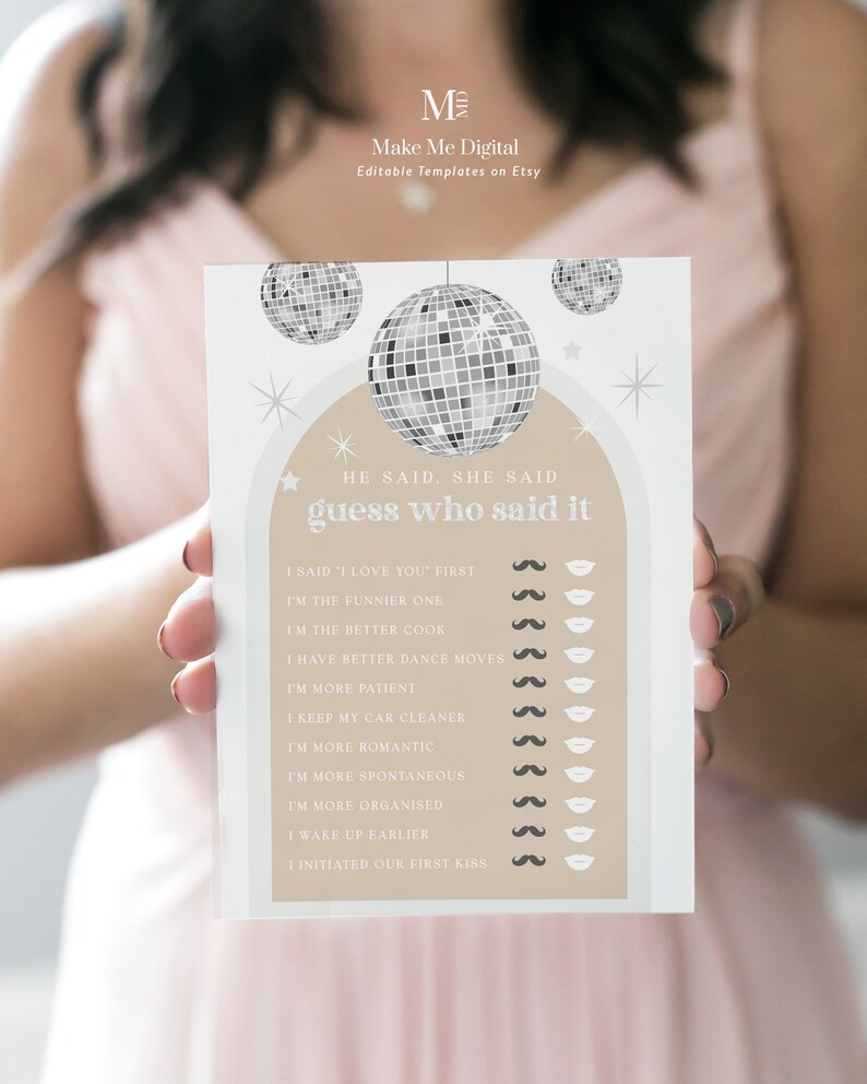 May include: A printable game card with a brown background and a white border. The card features a disco ball graphic and the text "He said, She said, Guess who said it." The card includes a list of statements with check boxes next to each statement.