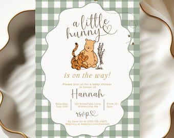 May include: A green and white gingham baby shower invitation with a Winnie the Pooh and Tigger illustration. The text reads "a little hunny is on the way!" and includes details for the shower, including the date, time, location, and RSVP information.