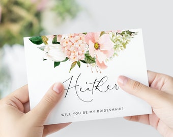 Blush hydrangea Bridesmaid Proposal Card Template, Bridesmaid Card Printable, Will You be My Bridesmaid Card, Instant Download 116