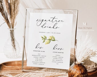 Yellow Lemon Signature Drinks sign, Modern Lemon Wedding bar Sign, Yellow Citrus his and her drinks sign, summer Printable favour Signs 122