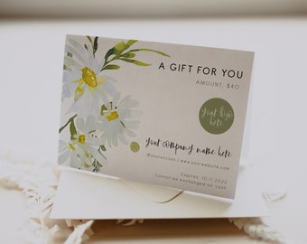 White Daisy Gift Card Certificate | Editable delicate floral Gift card Template | Gift Voucher template rustic | garden Shop Voucher 121