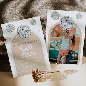 Disco Ball Diva Last Disco engaged Invitation, Silver glitter festival engagement invitation printable, editable arch engagement invite DX