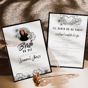 Bride or Die Bachelorette Party Invitation, Printable SKULLS til death do us party hen photo Instant Download Halloween gothic bachelorette