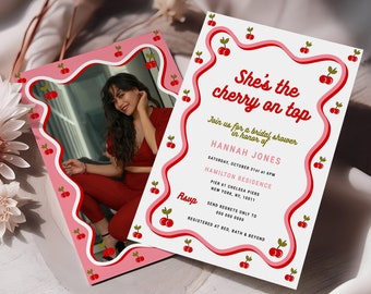 She's the cherry on top Valentine Bridal Shower Invitation template, Red cherry retro party Invite wavy border Instant Download photo VX1