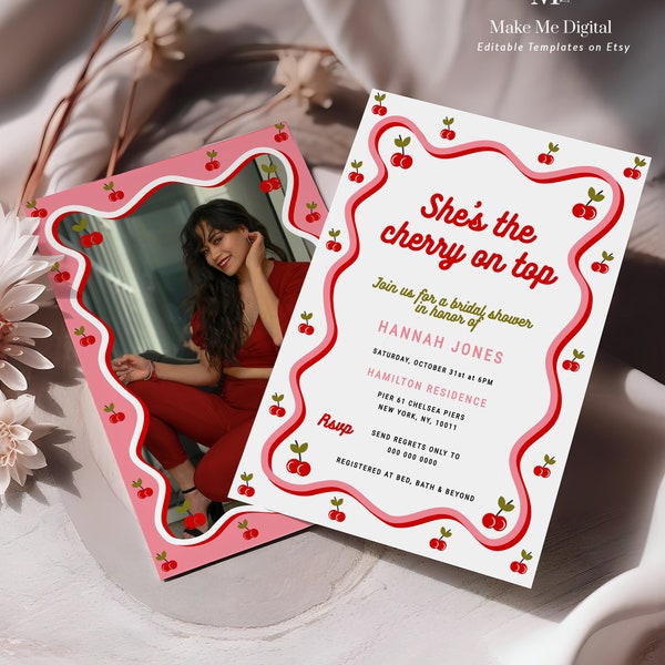 She's the cherry on top Valentine Bridal Shower Invitation template, Red cherry retro party Invite wavy border Instant Download photo VX1