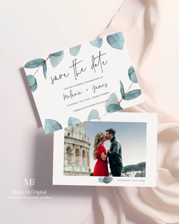 Blue Eucalyptus Save the Date Template, Wedding Save The Date Greenery Foliage, Printable modern dusty blue Invite, digital download 113