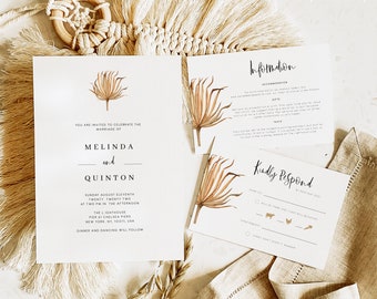 SAVANNA | Bohemian Wedding Invitation set of 3, Desert Wedding Invitation, Beach Wedding Invitation & rsvp, Palm Leaf Wedding Invite, Beach
