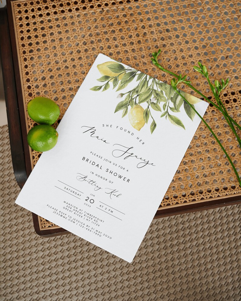May include: A white bridal shower invitation with a lemon branch illustration. The invitation reads "She found her Main Squeeze" and includes the details for a bridal shower for Brittey Kirl on June 20, 2023 at 2 PM at the Mansion at Timberpoint, 398 Great River Rd, Great River, NY 11739. RSVP by May 31, 2020 to Jessica at jess@me.com or 123-456-7890.