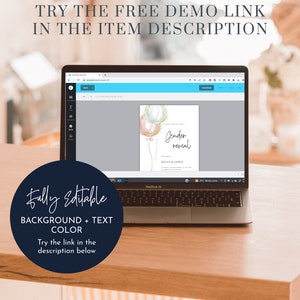 May include: A laptop computer displaying a gender reveal invitation with a watercolor design of balloons. The invitation says "Gender Reveal" and "Helen & James". The text "Fully Editable Background + Text Color" is displayed on a blue circle in the lower left corner of the image.