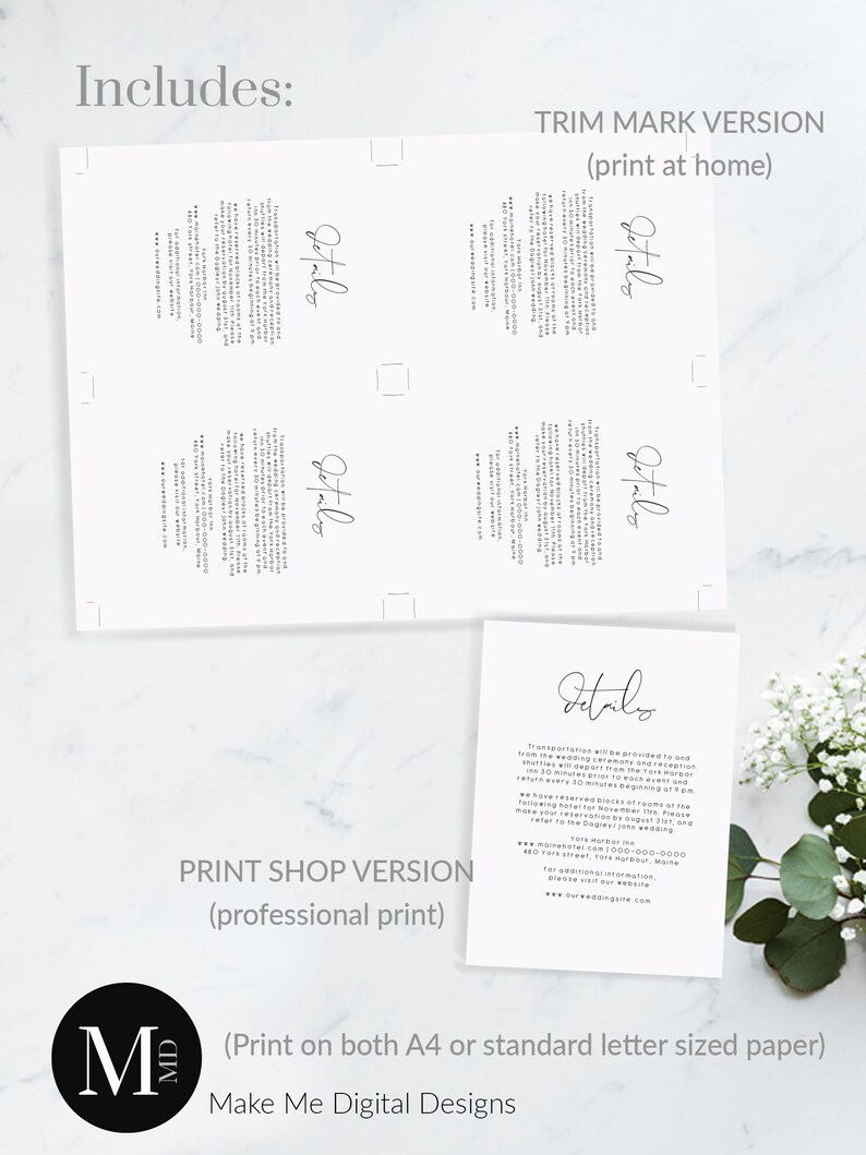 May include: Printable wedding details card with trim marks for home printing and a version for professional printing. The card includes the text "Details" and information about transportation, RSVP details, and a website address.