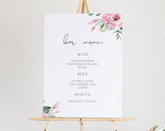 Pink Peony Wedding Bar Menu Template, Floral drinks Menu, Peony Wedding beverage Menu, Cocktail Menu, Templett Peony Wedding bar Menu 124