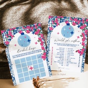 May include: Two printable bridal shower game cards with a blue and white tile pattern border. The top card has a disco ball and the text "Would she rather" with a list of questions. The bottom card has a disco ball and the text "Bridal Bingo" with a bingo card.