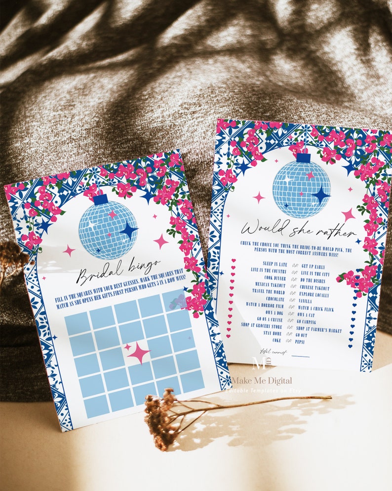 May include: Two printable bridal shower game cards with a blue and white tile pattern border. The top card has a disco ball and the text "Would she rather" with a list of questions. The bottom card has a disco ball and the text "Bridal Bingo" with a bingo card.