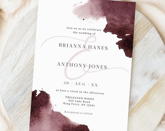 May include: A wedding invitation with a watercolor background in shades of burgundy and pink. The invitation features the names Brianna Hanes and Anthony Jones, the date August 30th, and the location Treleaven Wines, 658 Lake Road, King Ferry, NY 13081.