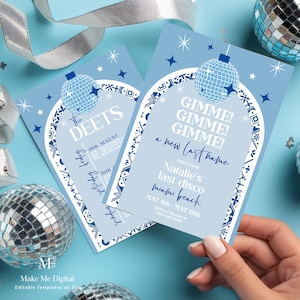 Invito per il fine settimana alla festa di addio al nubilato Mamma Mia con piastrelle blu, invito alla gallina a tema musicale invito stampabile e modificabile per galline da discoteca greche DX