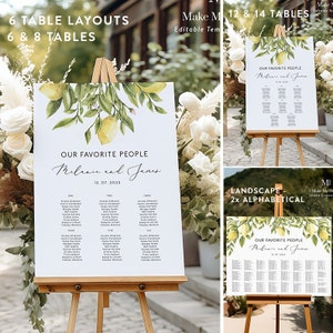 May include: A printable wedding seating chart template featuring a lemon illustration. The chart is titled "Our Favorite People Melanie and Janes" and includes a date. The template is designed for 6 to 8 tables.