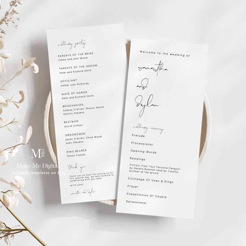 Modern Wedding Ceremony Program Template , Printable Wedding Long booklet, monochrome Wedding Ceremony Template card, Instant Download 120 image 2