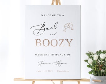 Rose Gold Bach and Boozy Party Welcome Sign, editable marble effect bachelorette welcome sign, printable rose gold foil instant download 130